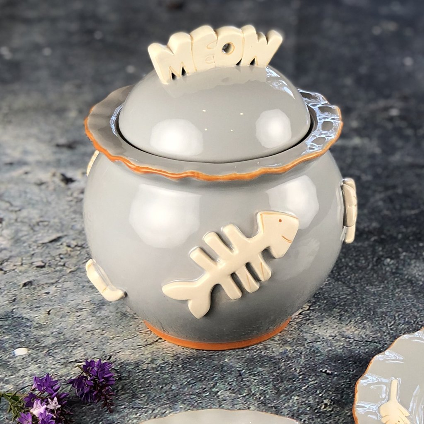 Decorative Stoneware Embossed Cat Treat Jar